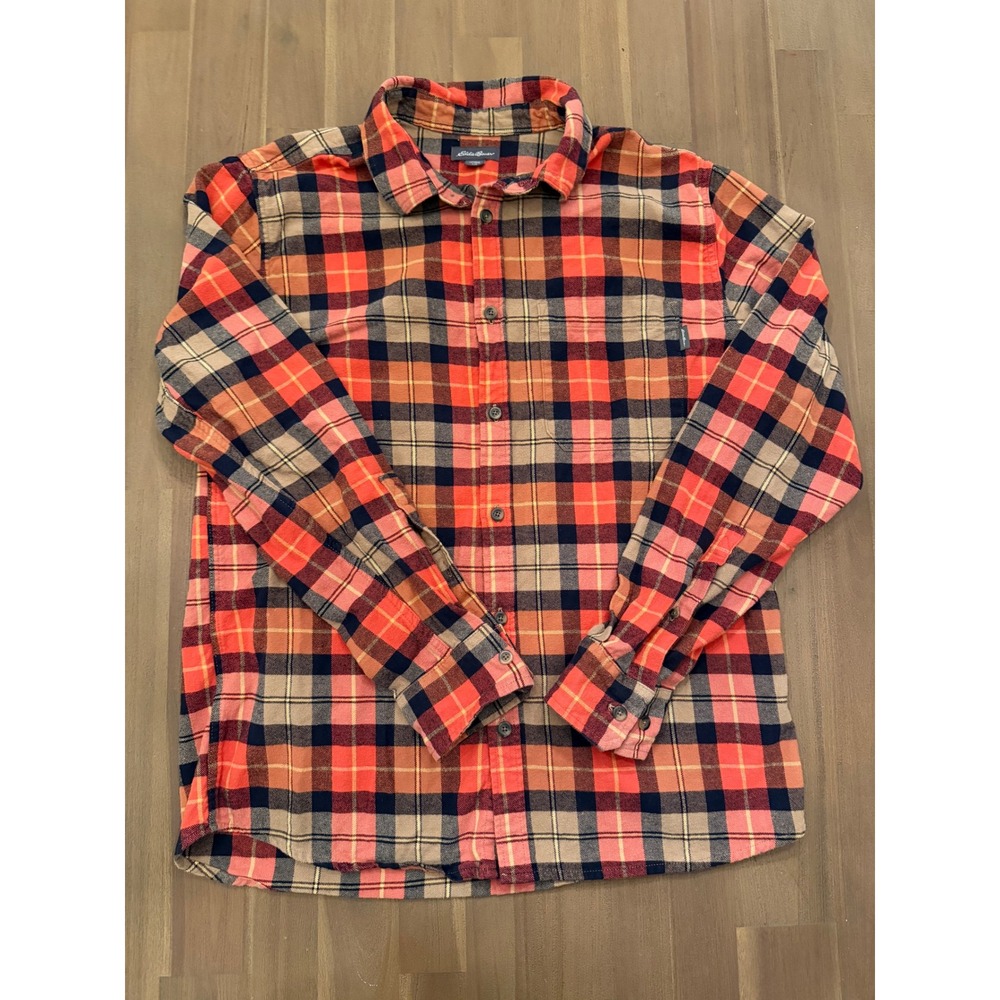 Eddie Bauer Men's Plaid Flannel Shirt Long Sleeve‎ Button Up Red Navy Tan L/G